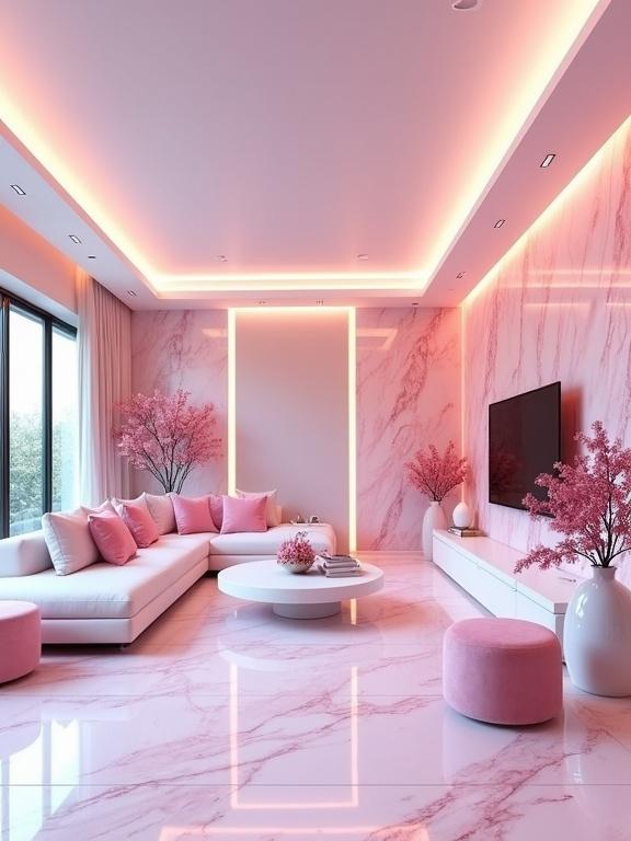Modern stylish living room featuring a pink marble theme. Room is rectangular with glossy pink marble flooring and walls. Large curved white sectional sofa with pink cushions sits on the surface. Round white coffee table present with glossy finish. Two soft pink ottomans complement the decor. Tall vase with pink flowers on table. Large mounted flat-screen TV on wall. Recessed ceiling lights with LED pink glow. Natural light from large windows with sheer pink curtains. Overall bright and inviting space with elegant touch.