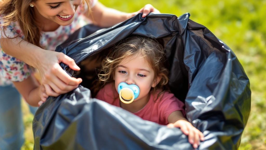 Scene features mother and daughter playing outside. Mother playfully places daughter into large garbage bag. Daughter holds oversized pacifier. Bright sunny day with grass in background. Joyful family interaction.