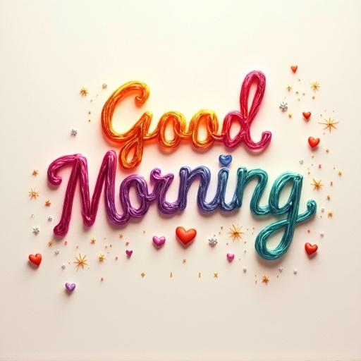 Digital art illustrating the phrase Good Morning made from silk threads. Textured off-white background provides a contrast. Letters crafted in vibrant colors including pink yellow red orange purple and mint. Three-dimensional quality and iridescent sheen are evident. Multi-colored silk threads spiral into stars and hearts. Gentle soft lighting highlights the details. Small handwritten credit below the phrase by Muny Vathana.