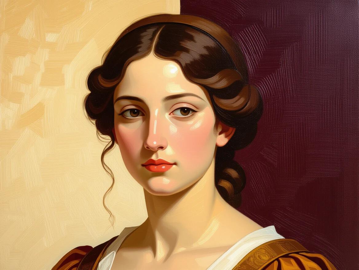 Half face portrait in classical oil painting style. Renaissance master technique. Rich impasto brushstrokes. Warm golden lighting from one side. Deep burgundy and ochre background. Visible canvas texture. Luminous skin tones. Chiaroscuro lighting technique. Museum quality finish.