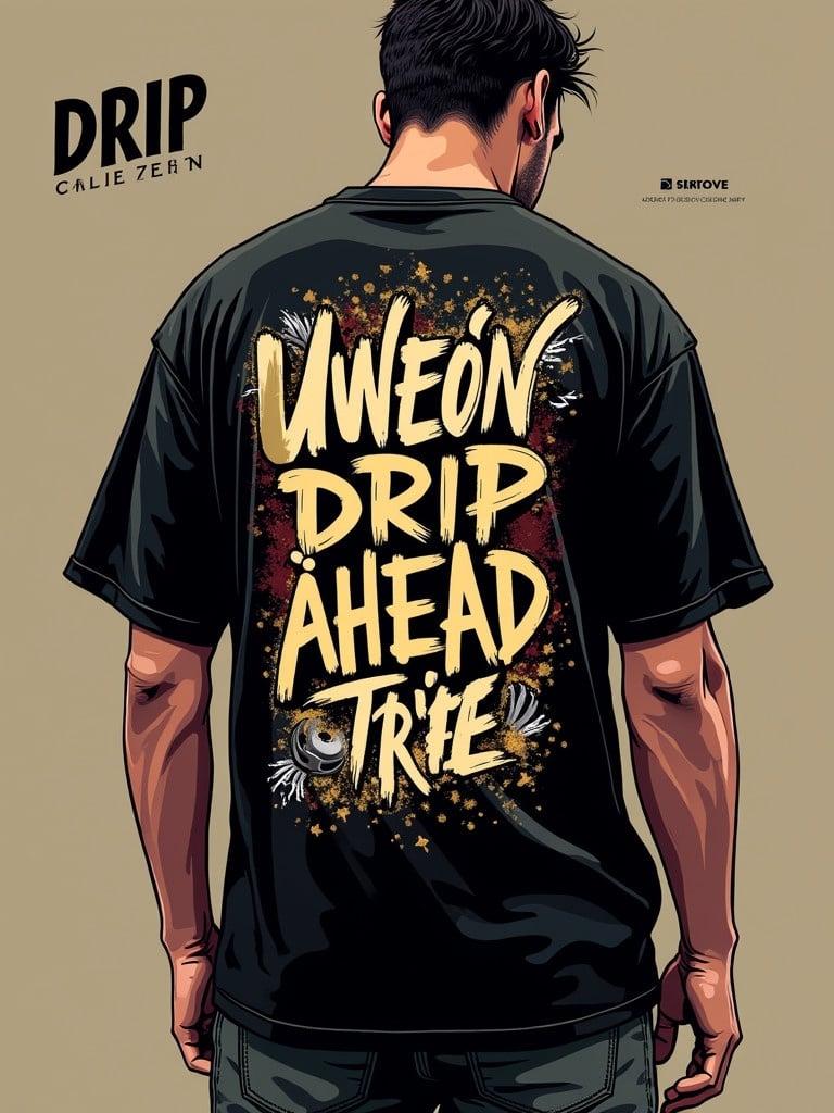 Bold graphic design created for the back of an oversized T-shirt. Highlights motivational street slang. Incorporates elements of retro 90s aesthetics with dynamic graphics and bold typography. Features a large-scale design covering most of the back area. Integrates the tagline ‘Exclusive Streetwear for the Bold and Confident’ subtly. Inspired by East and Southeast Asian streetwear trends. High-resolution file suitable for printing.