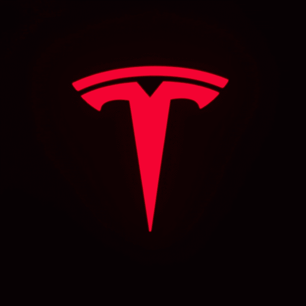 A red illuminated T-shaped logo on a dark background.