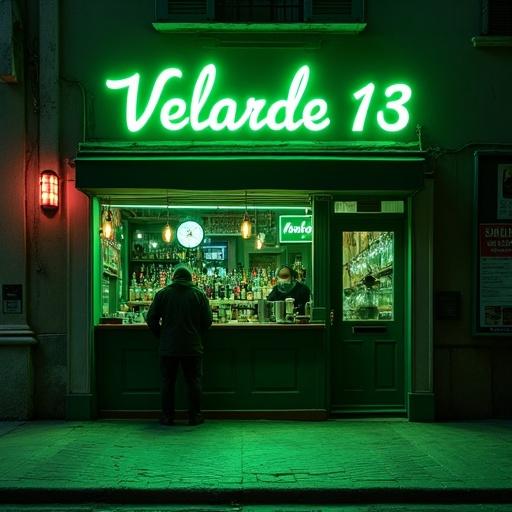 A classic bar located in Malasaña neighborhood of Madrid. The bar is named 'Velarde 13'. A vibrant green neon sign illuminates the storefront. A person stands at the bar counter. The atmosphere is cozy and urban. Captures the spirit of local nightlife.
