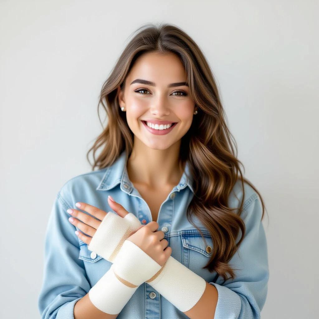 Young woman with bandaged hands. She is smiling and wearing a denim shirt. Light background enhances her cheerful expression.