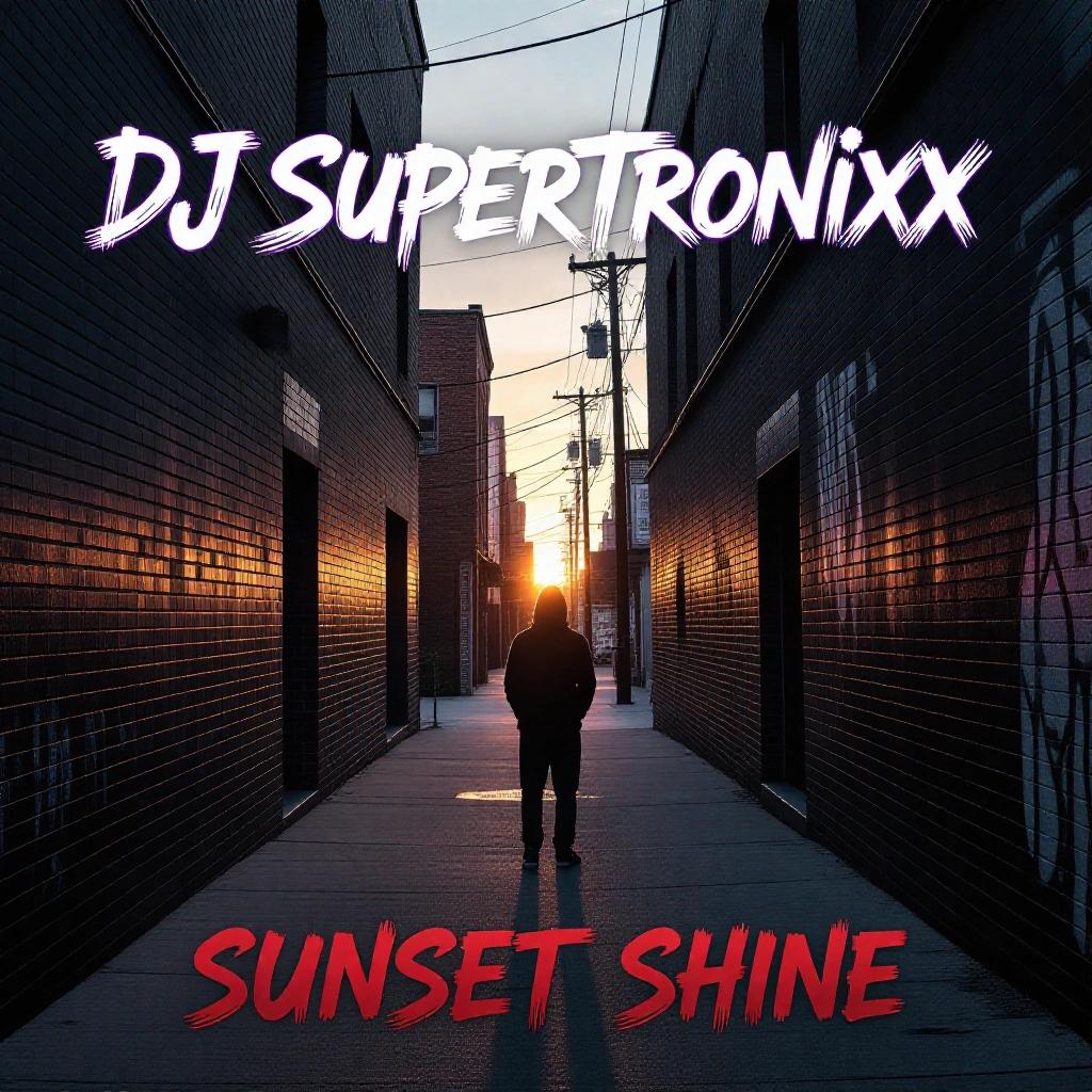 Gritty urban alley backdrop with a sunset glow. Cool artistic text overlay features DJ Supertronixx. Album title is Sunset Shine.