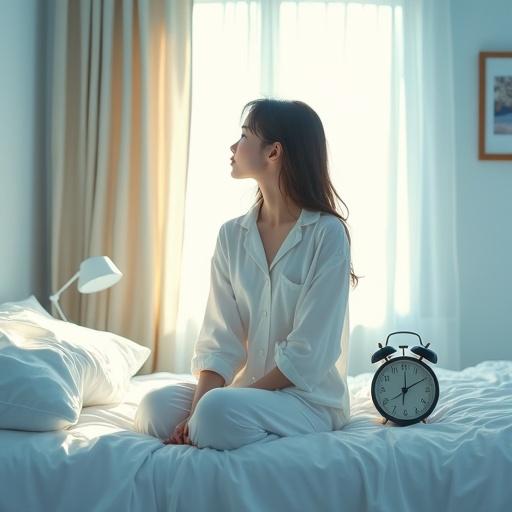 Digital artwork depicting a serene scene with a young woman in white pajamas sitting on a bed. She looks contemplative as soft light from a window illuminates the room. A retro alarm clock sits in front of her. The atmosphere feels tranquil and elegant with simple room decor.
