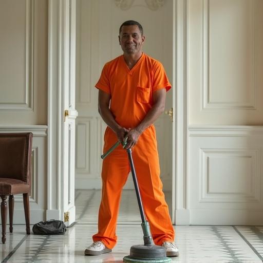 Image of a man polishing floors in an elegant room. He wears an orange uniform. Man focuses on using a floor buffer in a spacious area. The floor appears shiny and clean. The setting resembles a historic building with classic architecture.
