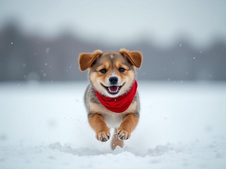 A cute dog runs joyfully in a snowy landscape wearing a red scarf. The dog's expression is happy while thinking about becoming a pilot and flying.