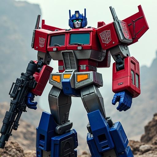 Image of a Transformer character standing on rocky terrain with a dramatic pose. The robot features bold colors like red and blue. It holds a weapon and has intricate mechanical details. Background shows rugged mountains and is well-lit.