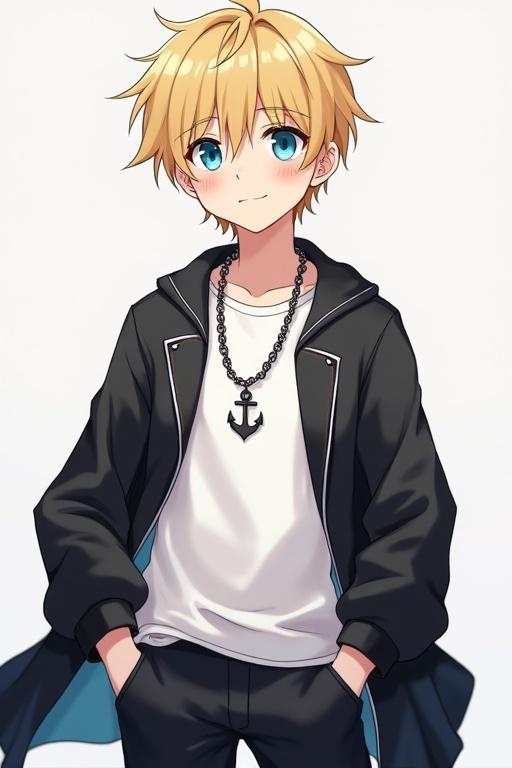 Cute university boy with blonde hair and blue eyes. Wearing a white t-shirt with black coat and pants. Chain around his neck with an anchor pendant. Standing in full body, illustrated in manhwa style.
