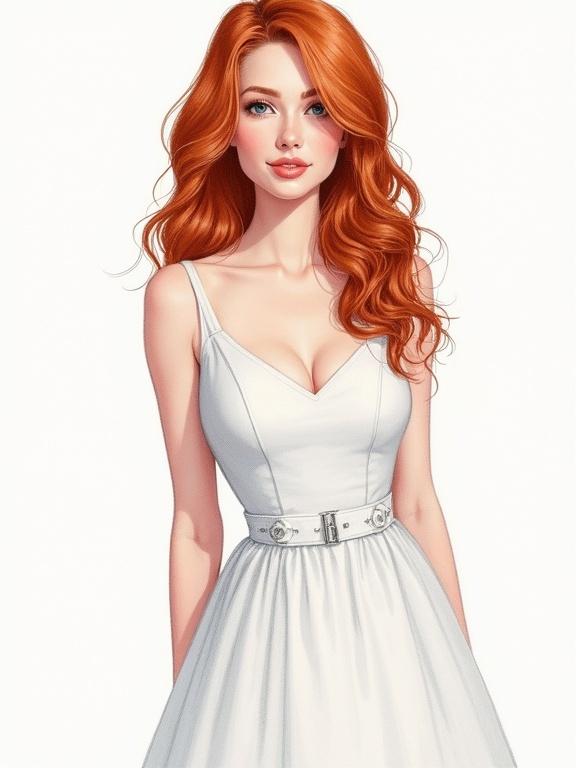 A young woman with red hair wears a stylish white dress. The illustration showcases her figure and the details of the dress. Colorized pencil drawing highlights her beauty. The image reflects youth and elegance.