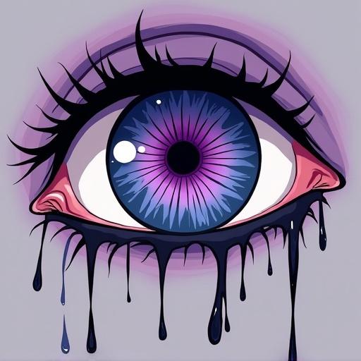 Cartoon-style eye with a deep violet pupil. Cracked iris shows obsession with prophecy. Black tears dissolve into runes. Represents duality of mourners and heralds of the end. Simple design with bold outlines and vibrant colors.