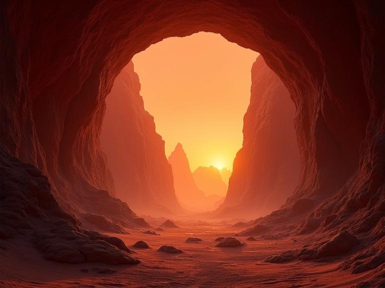 Generate an entrance to a large cavern in a mountain range on a desert planet with reddish sands. Inside illuminated by torches with a glowing sunset visible in the background.