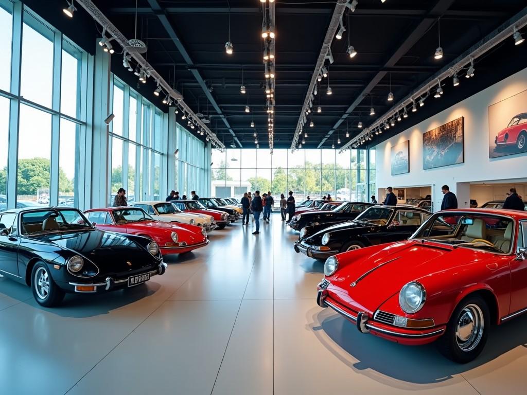 The image depicts a modern car showroom, filled with classic and vintage cars in a sleek environment. Several Porsches and other luxury models are prominently displayed, highlighting their elegant designs. Natural light floods in through large windows, illuminating the polished surfaces of the vehicles. Visitors can be seen admiring the cars, creating a vibrant atmosphere. The showroom is designed with a spacious and contemporary layout, accentuating the beauty of the automobiles on display.