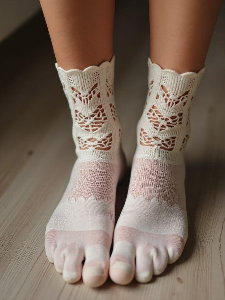 Close view of feet wearing mini lace socks. Socks have a delicate lace pattern. The feet are relaxed on a wooden floor.