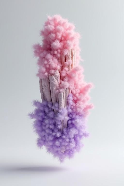 Highly realistic 3D render of single alien mineral floating in space. Vertically elongated stone. Partially covered with fluffy soft pink and lavender moss. Isolated object centered on neutral background. Texture looks organic and detailed.