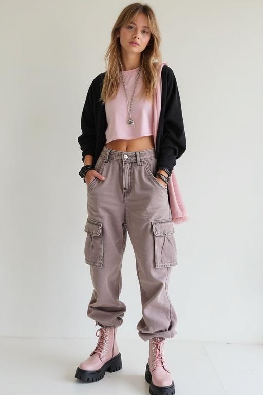 Model poses confidently in trendy outfit. Wears light pink cropped t-shirt over black long-sleeve shirt. Pants are light-washed baggy pink-gray cargo with oversized pockets. Accessories include silver rings, chain bracelets, and a loose pale pink scarf. Footwear are chunky platform boots in soft pink with black details.