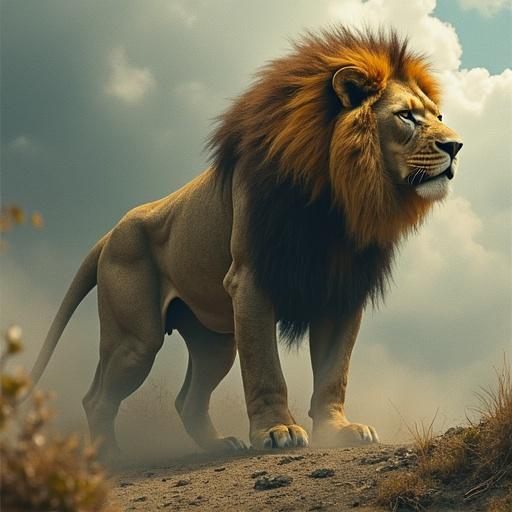 A realistic lion stands majestically on a rocky terrain. The lion has a large mane and an intense expression. The background features dramatic clouds enhancing the scene's impact.