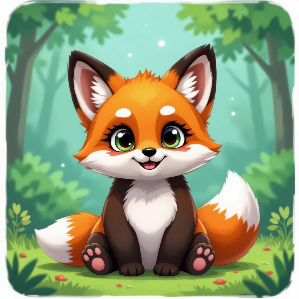 Create a character image of a panda fox for a virtual pet game. The panda fox should be cute with big eyes and a friendly smile. The fox has a fluffy orange and white coat with black accents. It should sit in a lush green forest background, inviting interactions.