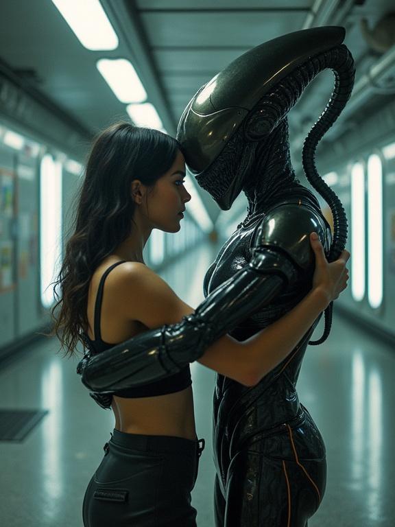 A sci-fi scene features a girl in a crop top hugging an alien robot. The corridor setting has flickering light panels and fog trails. The image highlights the detailed textures of the girl's skin and the robot's armor.