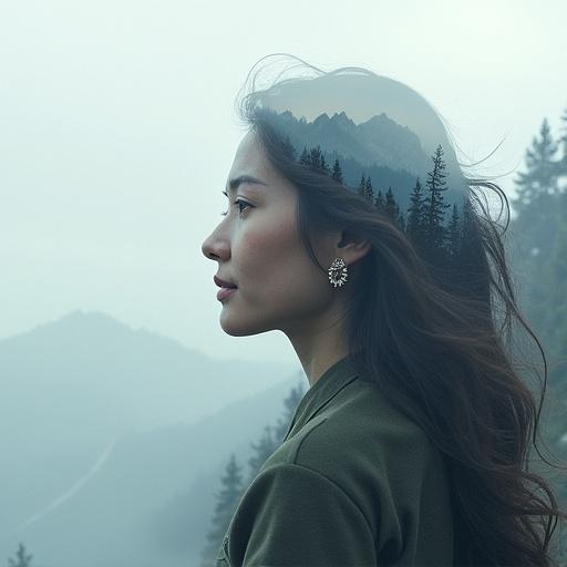 A woman with a gentle expression. Mountains and trees blend into her silhouette. Artistic double exposure photography showcasing nature's beauty.