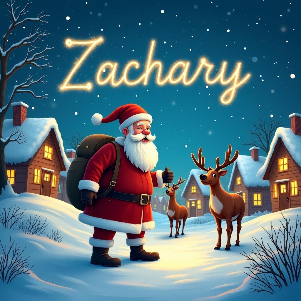 Father Christmas stands in a snowy village. Two reindeer are nearby. A magical sky with the name Zachary written is above.