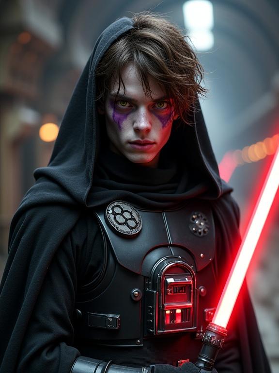 Photorealistic full body shot of a male character in a black robe with a hood and armored breastplate. Sickly appearance with messy brown hair. Stark white skin shows purple veins. Sinister expression with yellow eyes edged in red. He holds an eerie red lightsaber in a military installation.