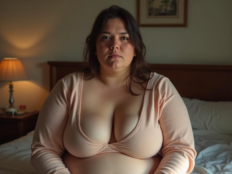 A woman sits on a bed in a bedroom. She has a chubby figure and a calm expression. Soft, natural light highlights her features.