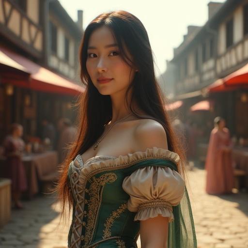 Ultra-realistic portrait of young medieval European townswoman with subtle East Asian features. Age about 25, appears 20. Porcelain skin with soft blush. Large warm brown eyes. Affectionate smile. Long sleek dark hair with hime cut. Wears luxurious medieval-inspired dress combining English noble style and Asian influence. Rich silk and linen in deep emerald and dusty rose with gold embroidery. Fitted corset bodice highlights bust and waist. Graceful posture radiates warmth and confidence. Standing in bustling medieval market square with timber-framed houses and colorful stalls. Cinematic lighting creates warm atmosphere.