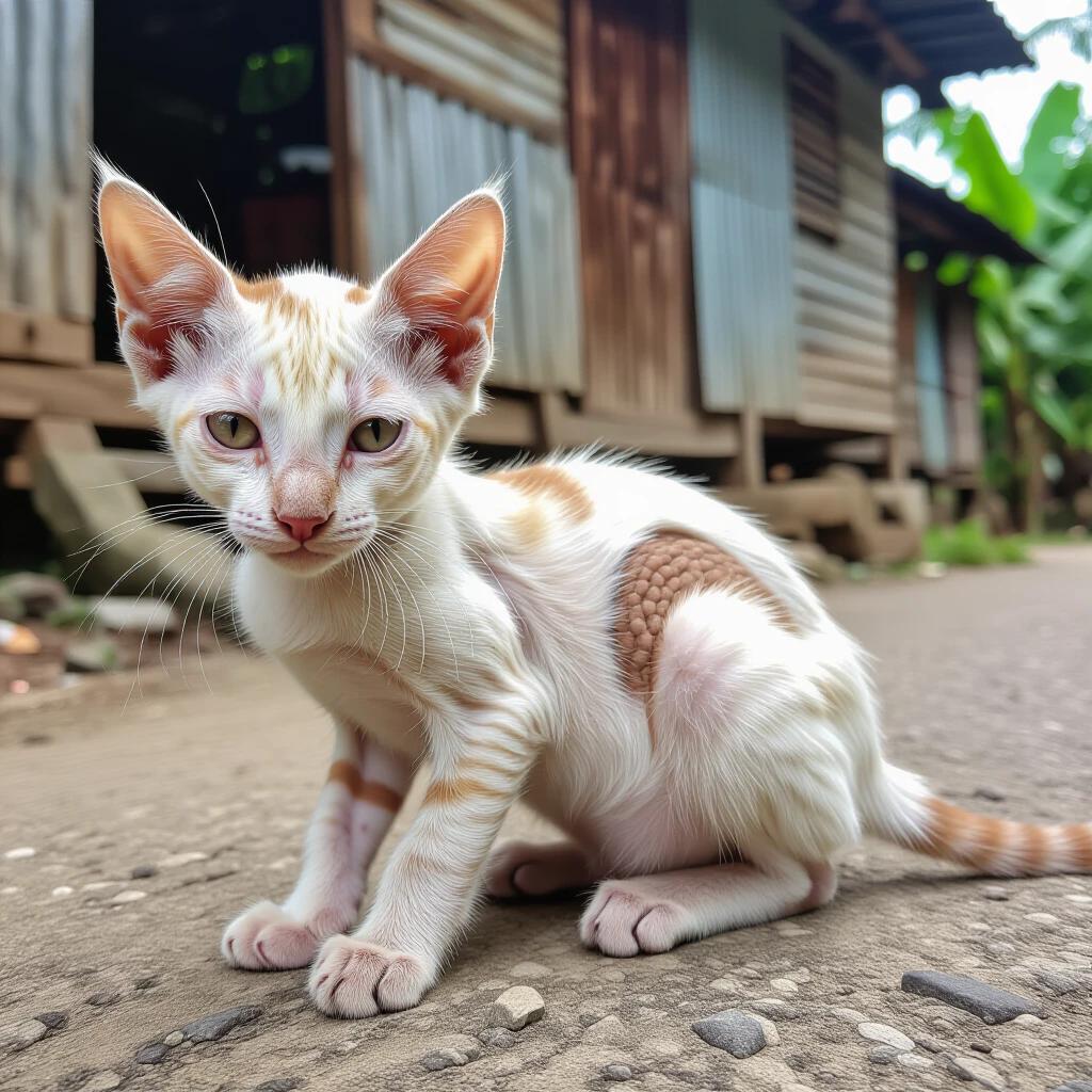 Extremely malnourished Indonesian stray domestic white kitten sitting weakly in tropical undergrowth. Kitten is extremely gaunt with visible bones. Ears are fungus-crusted; several scars are present on body and face. Kitten has sad cloudy eyes and trembling posture. One front leg is missing, only a healed stump visible. Surrounded by damp earth, wild bushes, and tall grass, all characteristic of Southeast Asia. The atmosphere is emotional and heartbreaking.
