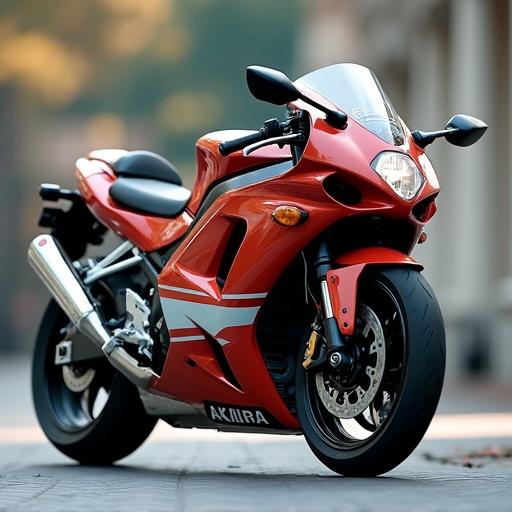 A red motorcycle inspired by AKIRA with a sleek design parked on an urban street. The environment is softly blurred to focus on the motorcycle.