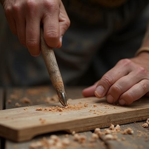 Close-up view of an artisan's hand carving wood using a tool. Emphasis on fine details and textures in a natural setting.