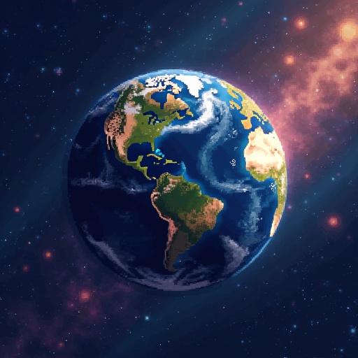 Image of planet Earth in space rendered in pixel art. Bright colors with visible landmasses and oceans. Stars and cosmic background create a vibrant atmosphere.