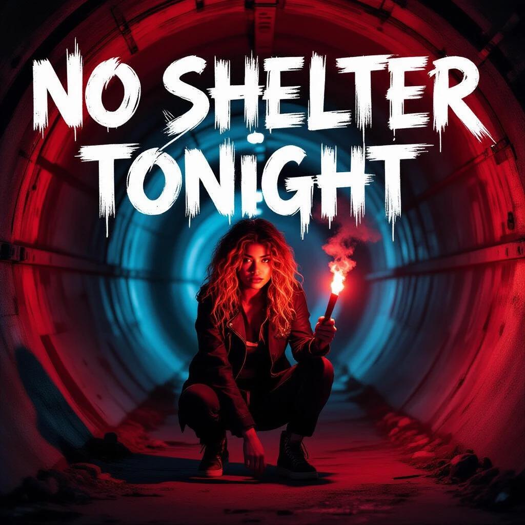 Title displayed in grunge-punk spray paint style across metallic surface. A figure squats in a dark tunnel. Strong red illumination contrasts with the surrounding shadows. The atmosphere is intense and moody.
