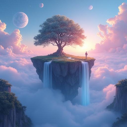 Surreal floating island above clouds with ancient tree glowing softly. Waterfalls cascade into mist below. Sky filled with planets and nebula clouds. Person stands near tree gazing at horizon. Digital painting with fantasy tones, high detail, vertical format.