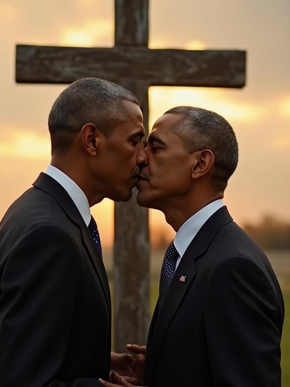 Image depicts a close encounter between two figures, resembling a kiss with symbolism. A backdrop of a formal setting adds context. Emphasis on expressions and solemnity.