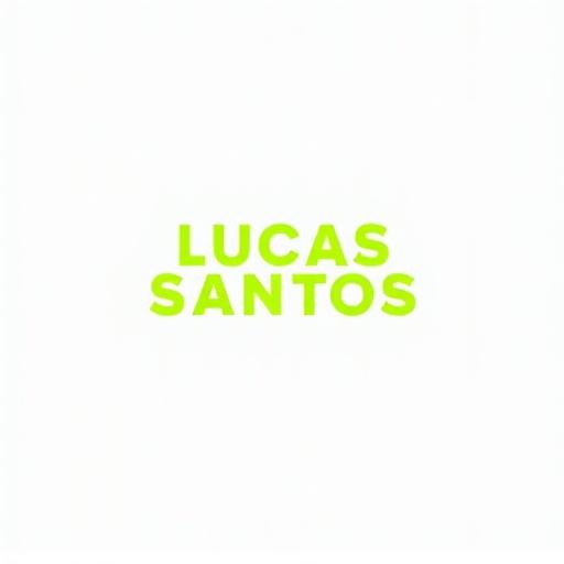 Minimalist modern logo with the name LUCAS SANTOS in geometric font. Fluorescent green letters on a white background. Sleek professional energizing design suitable for health innovation performance brand.