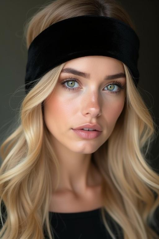 Close-up portrait of a beautiful woman. Long flowing blonde hair with elegant waves. Striking green eyes. Soft diffused studio lighting. Fair skin with glow. Defined eyebrows and rosy cheeks. Natural lip color. Wearing a black top. Black velvet headband as focal point. Velvet texture visible in soft light.
