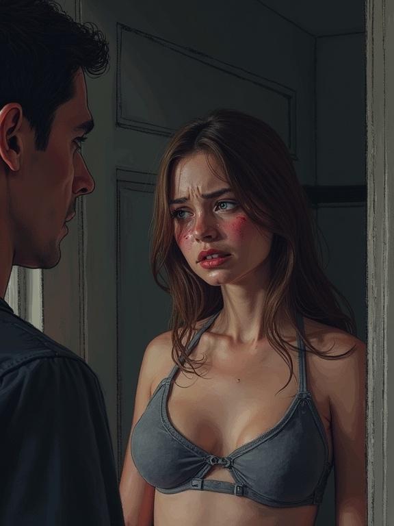 Realistic crayon drawing depicts a scared, tearful, crying teen woman in a bra standing in a dark bedroom. Woman stands with hands on sides facing a middle-aged man.