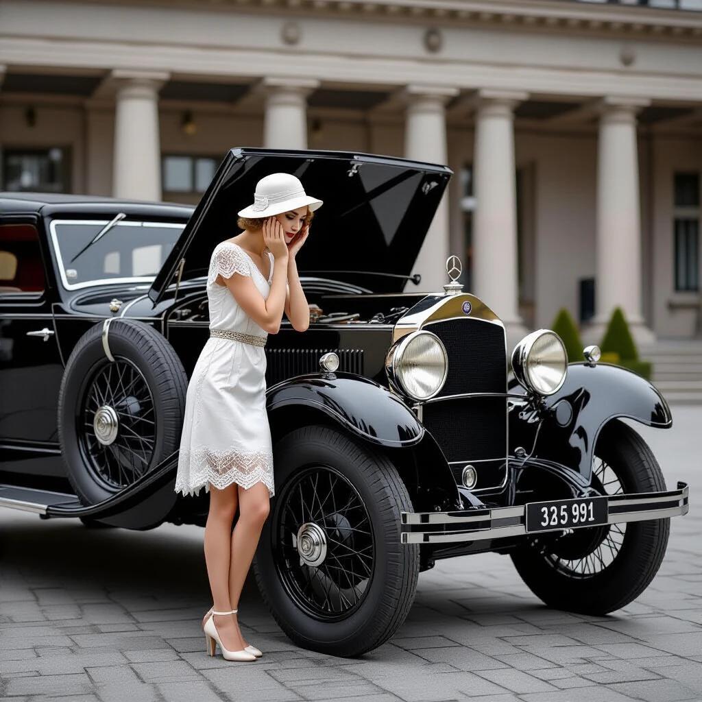 Photorealistic roadside scene with a woman beside a vintage 1928 Mercedes-Benz car. The woman wears a white lace dress and cloche hat. She leans over the car's left side fender with hands pressed to her cheeks. The hood is fully opened, displaying the steam clouding from the engine. The setting features a misty mountain pass in the background during golden hour light.