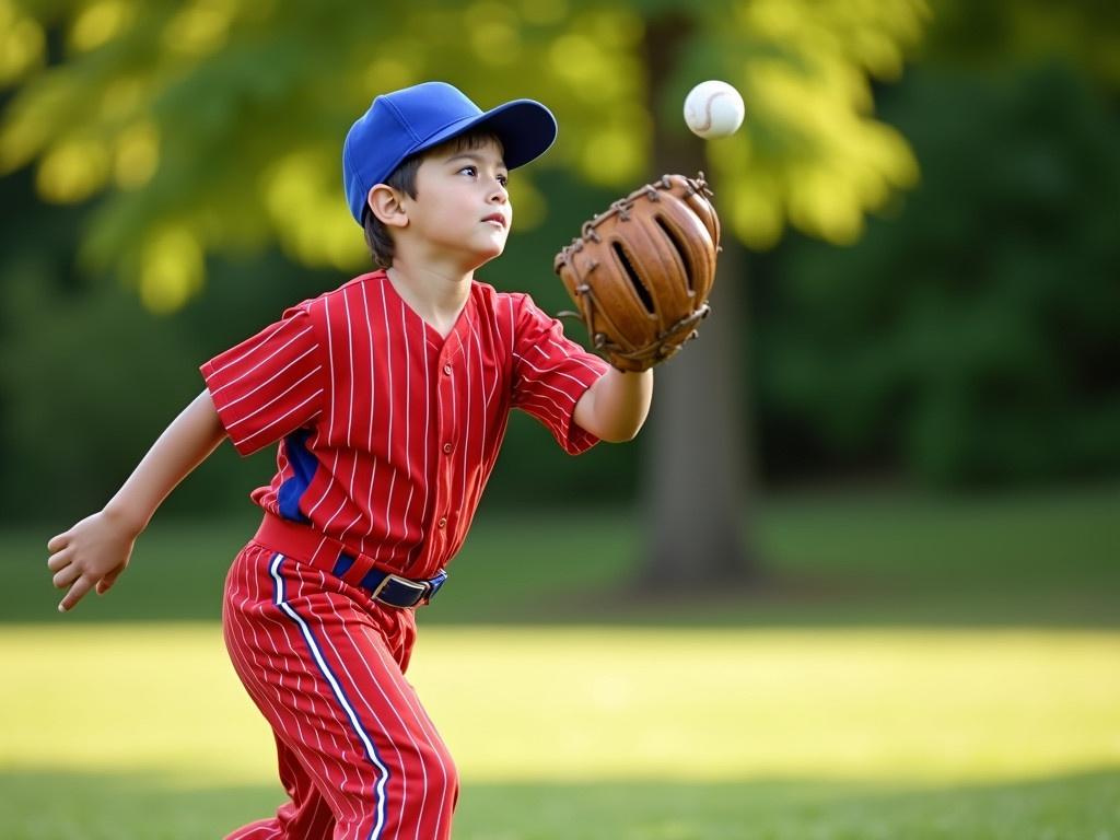 A young boy is playing baseball in a sunny, green park. He is wearing a bright red baseball jersey with white vertical stripes and matching pants. His hat is blue, and he has a baseball glove on his left hand, ready to catch a flying ball. The boy is in an action pose, slightly crouched, as he reaches out to catch the ball coming his way. The background features blurred trees, indicating it's a warm day with lots of natural light. The boy looks determined and focused on the game.