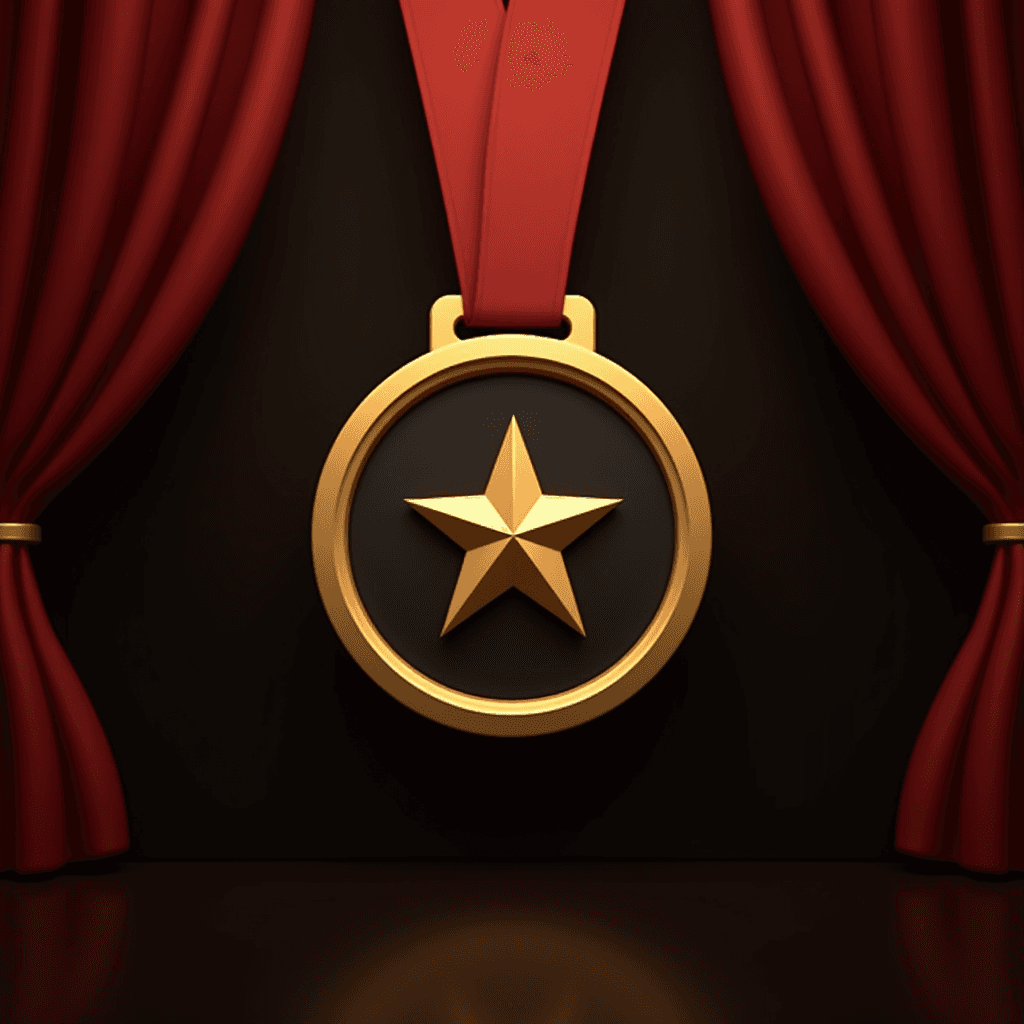 A prestigious gold medal with a star emblem set against dramatic red curtains.