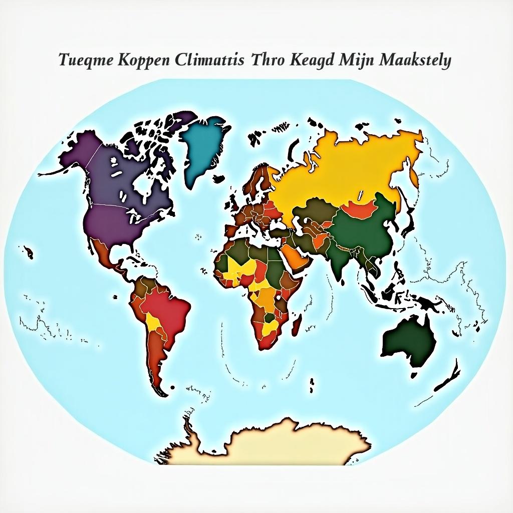 World map showing various Köppen climate zones with different colors. Each region is categorized into climate types for easy identification.