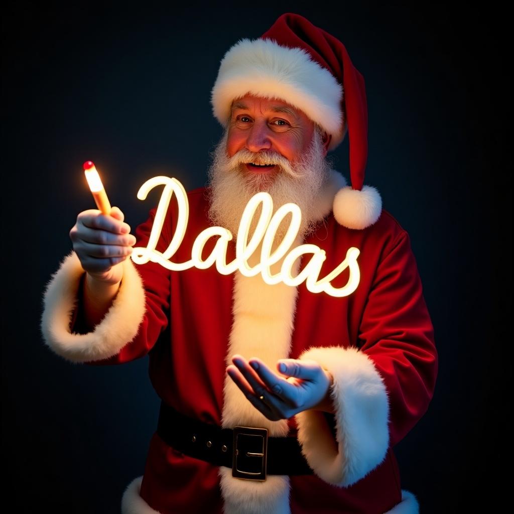 Santa Claus in red suit holding a glow stick. The glow stick forms the word 'Dallas' in bright light. Dark background enhances the glow. Scene captures Christmas magic and festive joy.