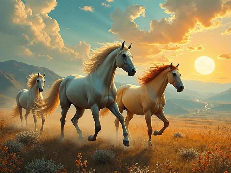 Vibrant image of horses galloping through a serene landscape. Image features intricate details and blends art nouveau with futuristic styles.