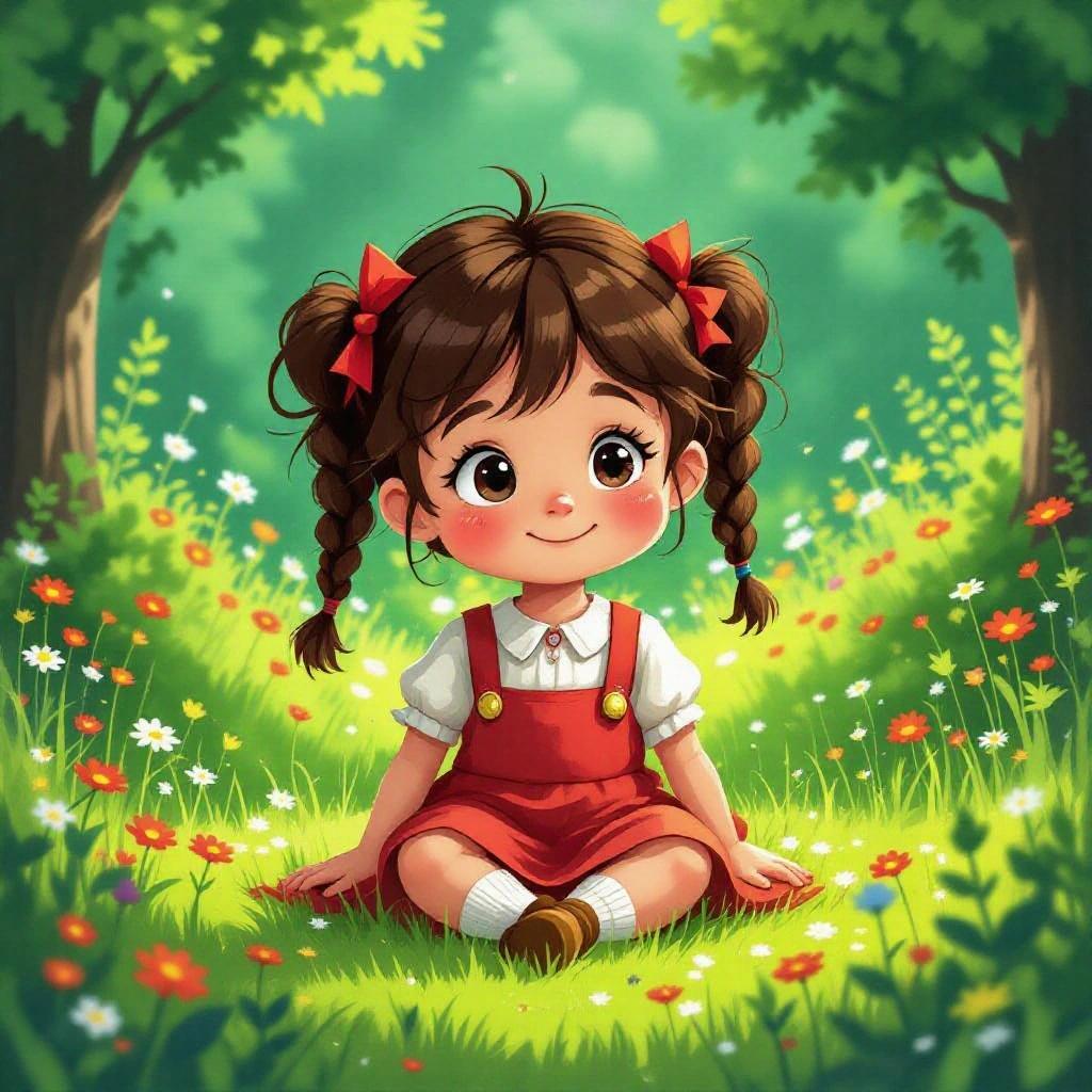 A small girl with brown pigtails sits in a colorful garden filled with flowers. She wears a red dress and has a joyful expression. The scene is bright and cheerful, suitable for children.