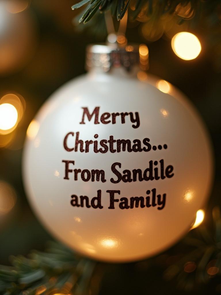 Close-up of a white Christmas bauble with the text Merry Christmas...From Sandile and Family. Twinkling lights create a magical ambiance in the background.