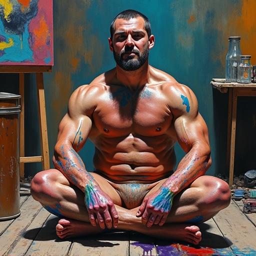 Oil painting in surreal style featuring a muscular nude man with rainbow paint. He is sitting cross-legged on a studio floor. Abstract canvases lean against the walls. Lighting highlights his physique. Thick brushstrokes are present. The wooden floor is splattered.