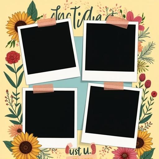 Square vacation-themed photo collage in polaroid style with three decorative blank photo placeholders and a dynamic layered layout. Classic polaroid frames with thick white borders and space for captions. Hand-drawn flower bouquets with sunflowers and wildflowers around frames. Warm light yellow and soft sky blue background with integrated handwritten words like 'Vacation' and 'Just Us'.