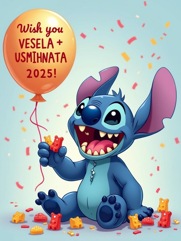 Cute blue alien character named Stitch with big ears and a joyful expression. Stitch is sitting down with a wide smile and showing his teeth. He is throwing gummy bears with one hand. His mouth is full of gummy bears. Confetti and gummy bears are in the air. In the other hand, Stitch is holding a balloon with a message "Wish you VESELA + USMIHNATA 2025!"